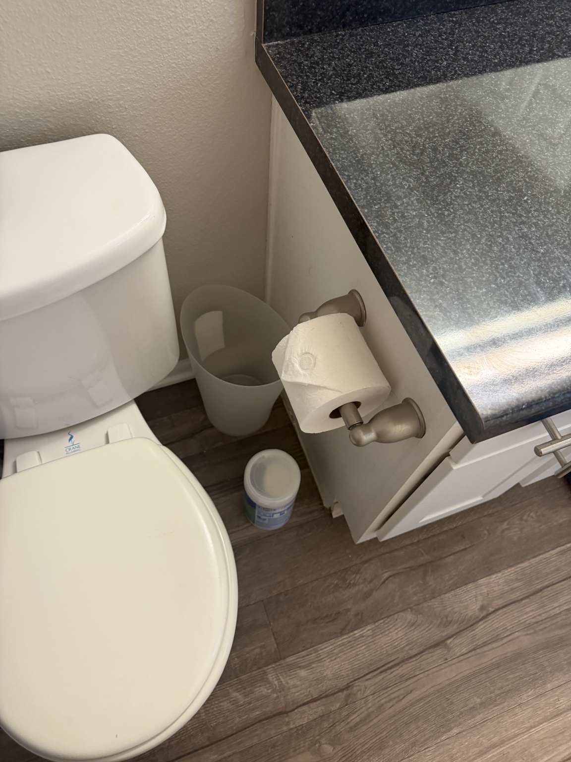 After: clean toilet, floor, and counter beside the vanity