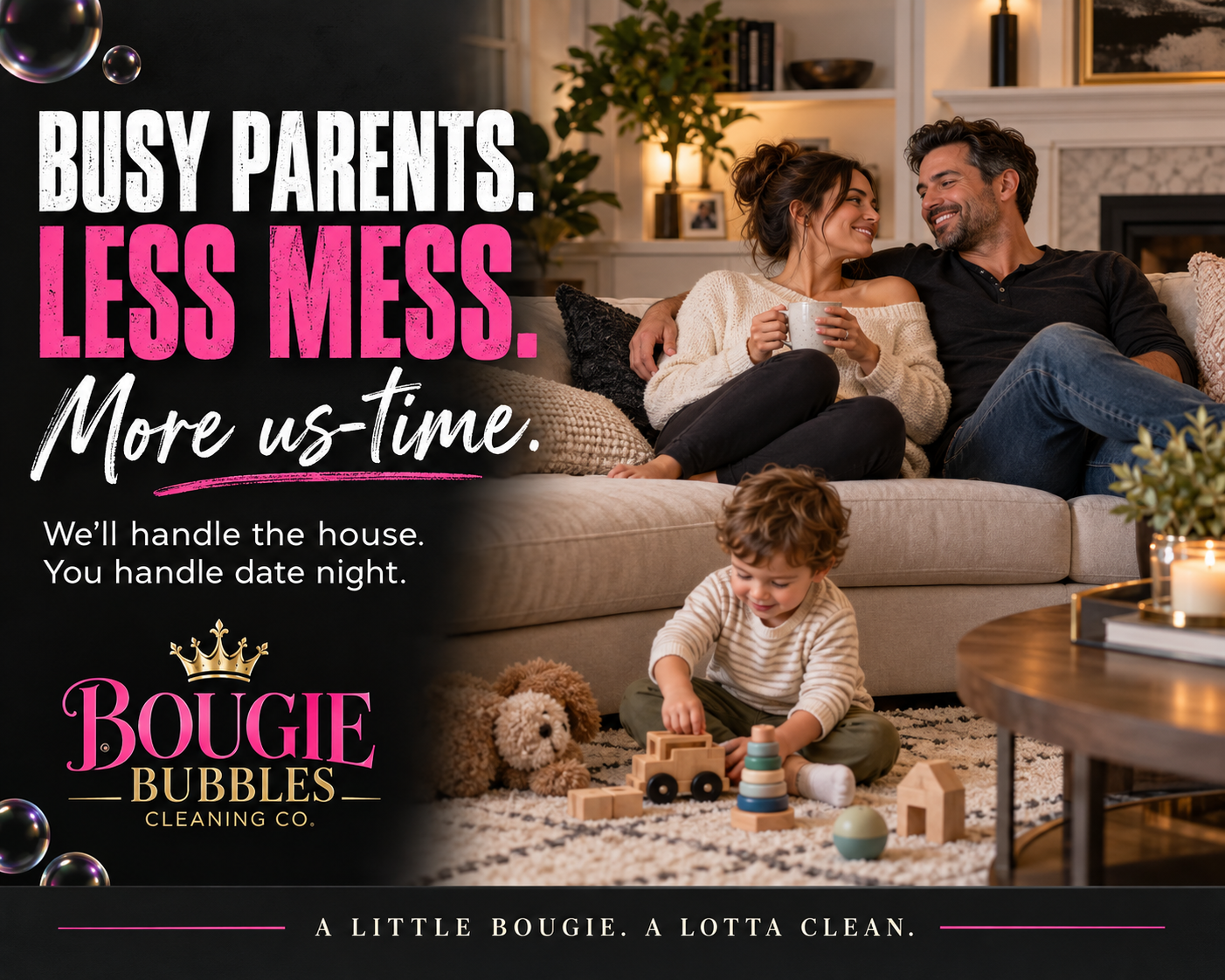 Bougie Bubbles busy parents artwork with a couple relaxing together while their child plays