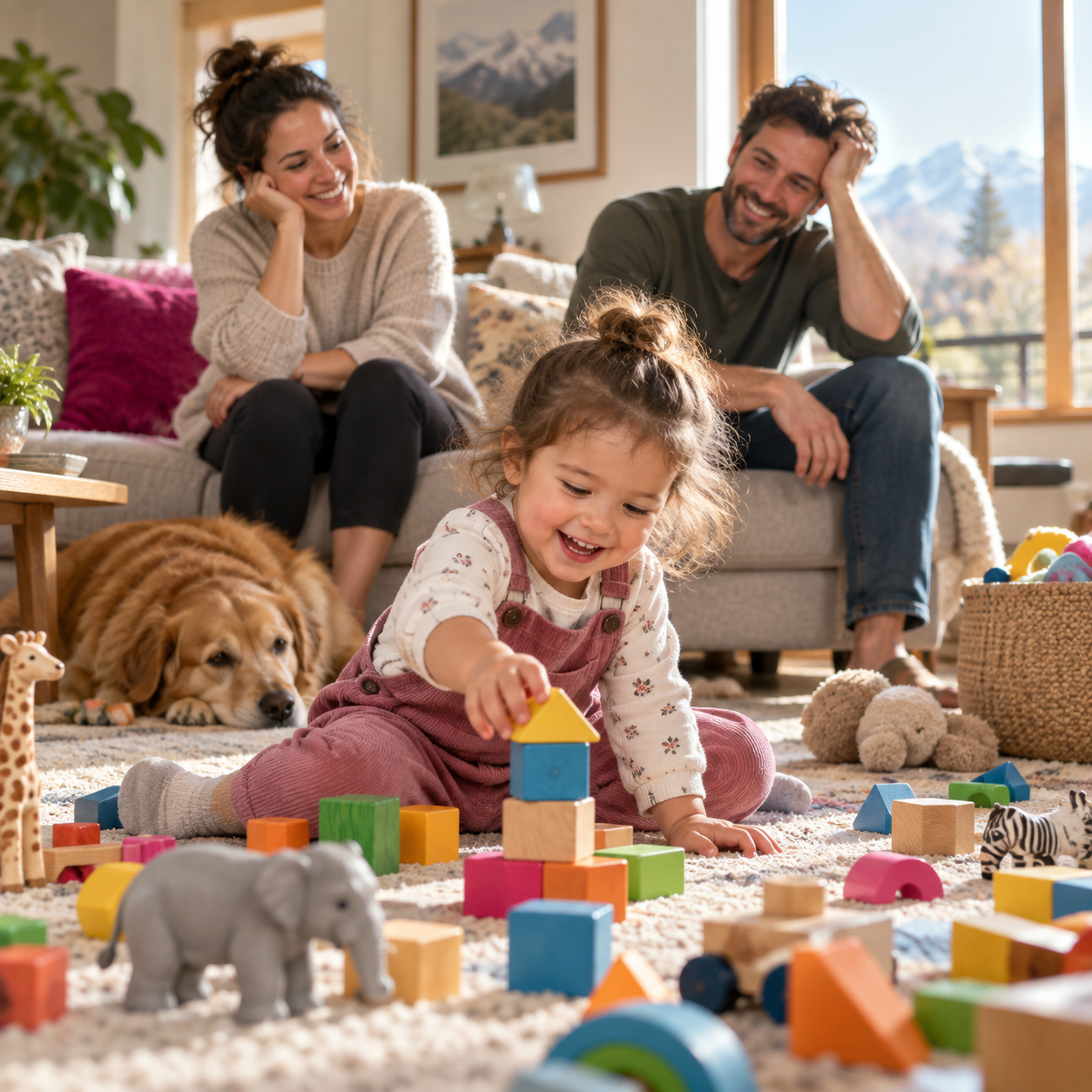 Child playing among colorful toys while parents share a smile in a lived-in family room
