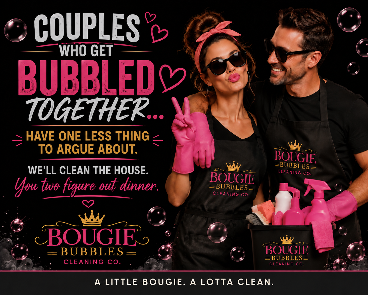 Bougie Bubbles couples campaign artwork with two people dressed for cleaning