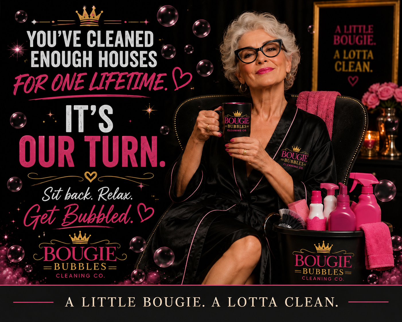 Bougie Bubbles campaign artwork showing an older woman relaxing with a cup of coffee